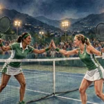 Editorial illustration of two female tennis players in green and white kit celebrating with a high-five across the net on an outdoor hard court at night in Islamabad, with floodlights on and a blurred crowd in the stands.