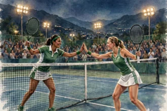 Editorial illustration of two female tennis players in green and white kit celebrating with a high-five across the net on an outdoor hard court at night in Islamabad, with floodlights on and a blurred crowd in the stands.