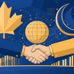 Editorial illustration of two hands shaking across a conference table, with a large golden maple leaf and a golden crescent and star behind them, a globe with investment flow arrows at the centre and rising bar charts below, in deep blue and gold tones.