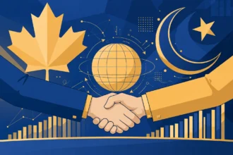 Editorial illustration of two hands shaking across a conference table, with a large golden maple leaf and a golden crescent and star behind them, a globe with investment flow arrows at the centre and rising bar charts below, in deep blue and gold tones.