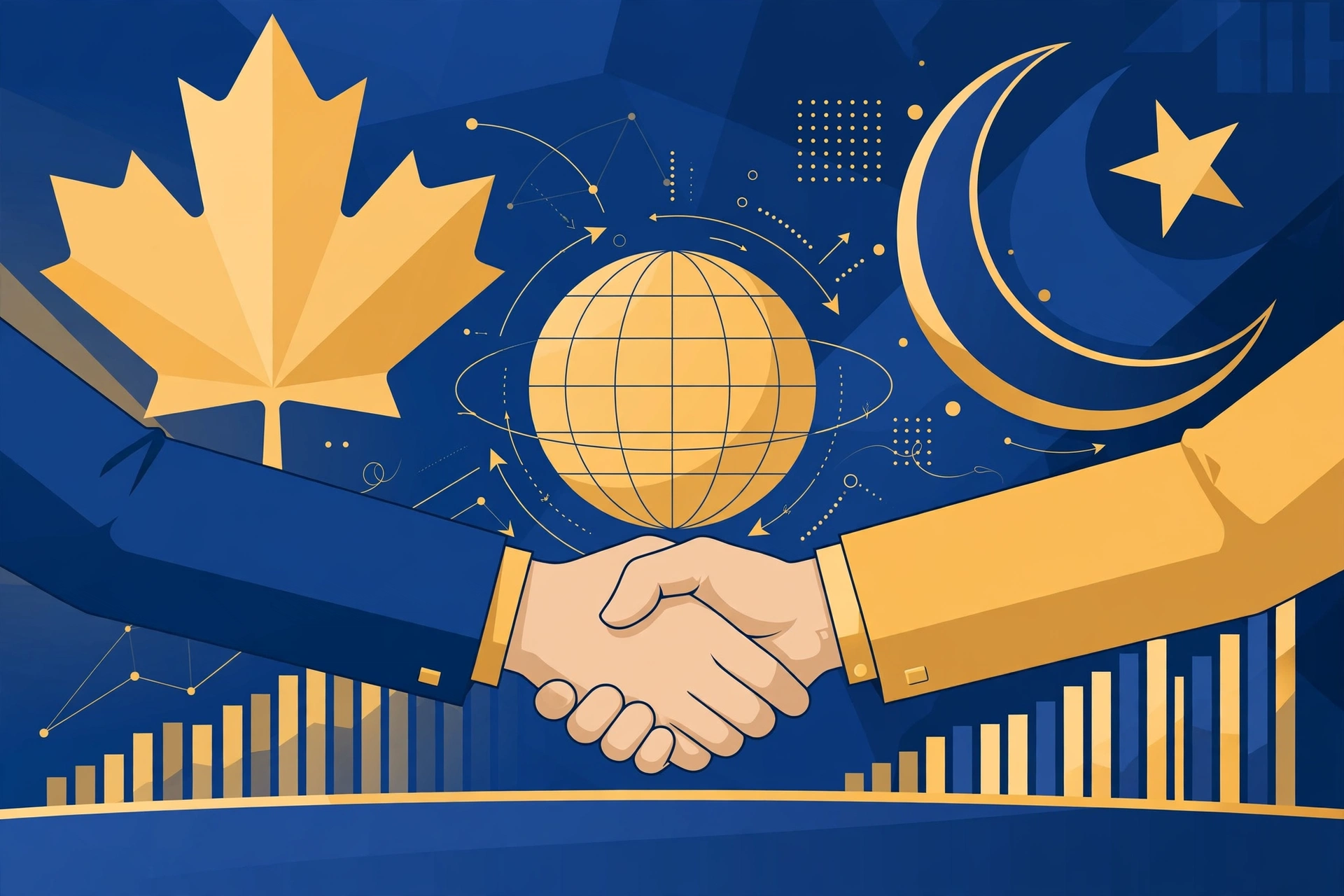 Editorial illustration of two hands shaking across a conference table, with a large golden maple leaf and a golden crescent and star behind them, a globe with investment flow arrows at the centre and rising bar charts below, in deep blue and gold tones.