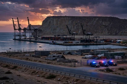 Editorial illustration of Gwadar port at dusk with cargo cranes silhouetted against a dramatic sky, a coastal highway in the foreground, a fenced construction camp, and security vehicles with flashing blue and red lights parked nearby, with rugged mountains behind.