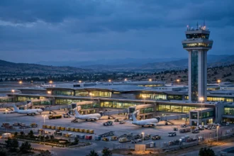 Modern airport terminal at dusk with control tower, aircraft parked at gates and cargo containers on the apron