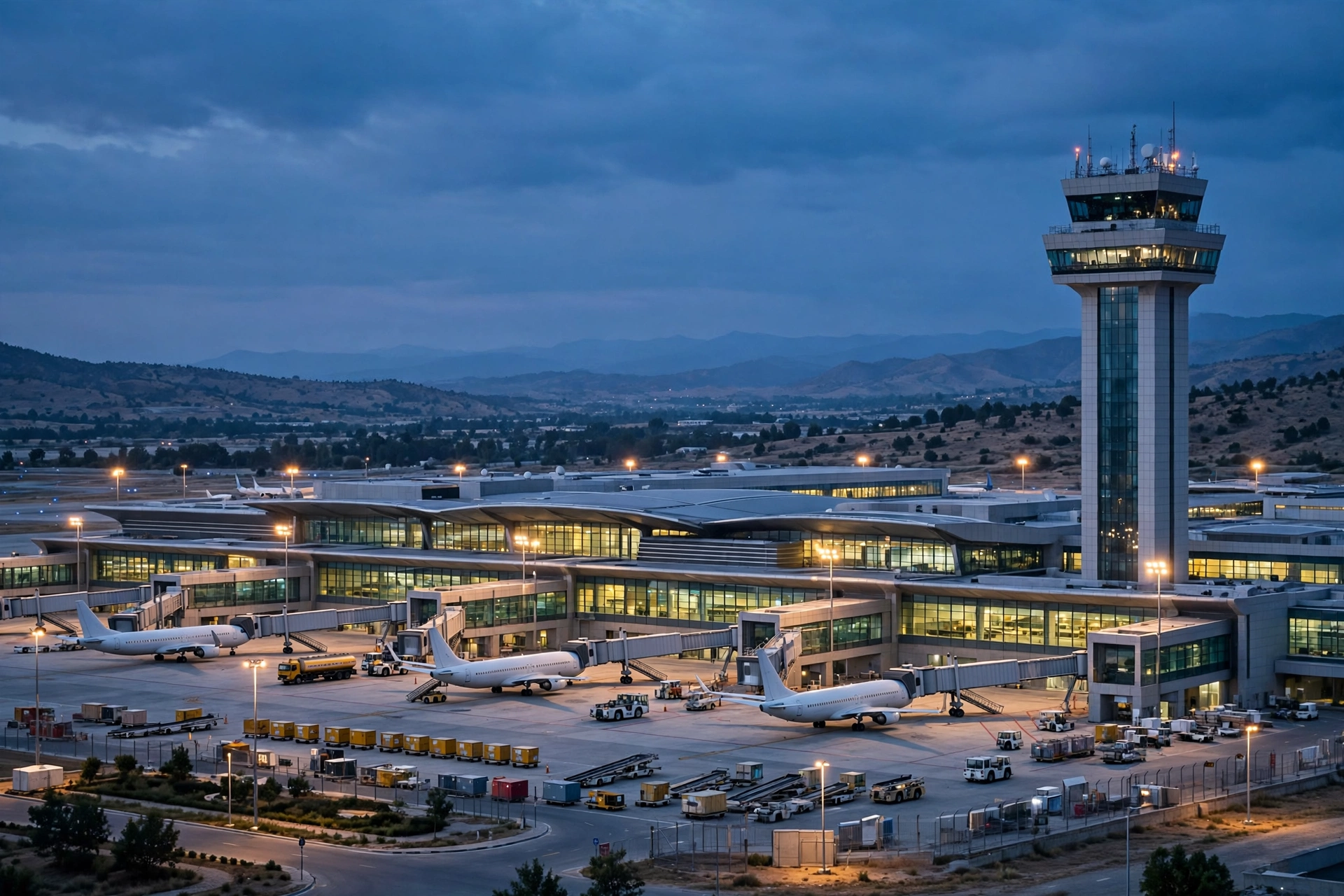 Modern airport terminal at dusk with control tower, aircraft parked at gates and cargo containers on the apron