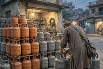 Stacks of orange and grey LPG gas cylinders outside a small neighbourhood shop at dusk, with a shopkeeper seen from behind checking a cylinder