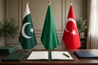 Editorial illustration of a treaty signing table with an open defence agreement folder, a fountain pen and reading glasses, backed by the standing national flags of Pakistan, Saudi Arabia and Turkiye.