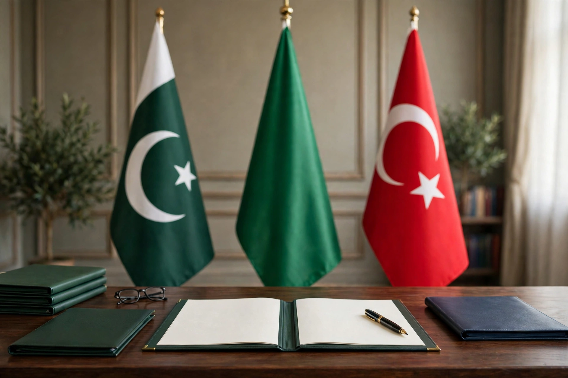 Editorial illustration of a treaty signing table with an open defence agreement folder, a fountain pen and reading glasses, backed by the standing national flags of Pakistan, Saudi Arabia and Turkiye.