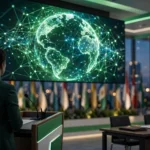 An editorial illustration of an international AI summit hall with a large screen showing a glowing neural-network globe, a presenter at a podium and blurred national flags in the background, October 2026