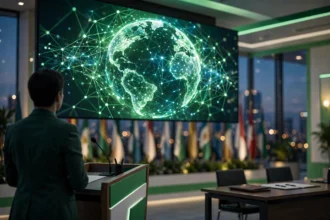An editorial illustration of an international AI summit hall with a large screen showing a glowing neural-network globe, a presenter at a podium and blurred national flags in the background, October 2026