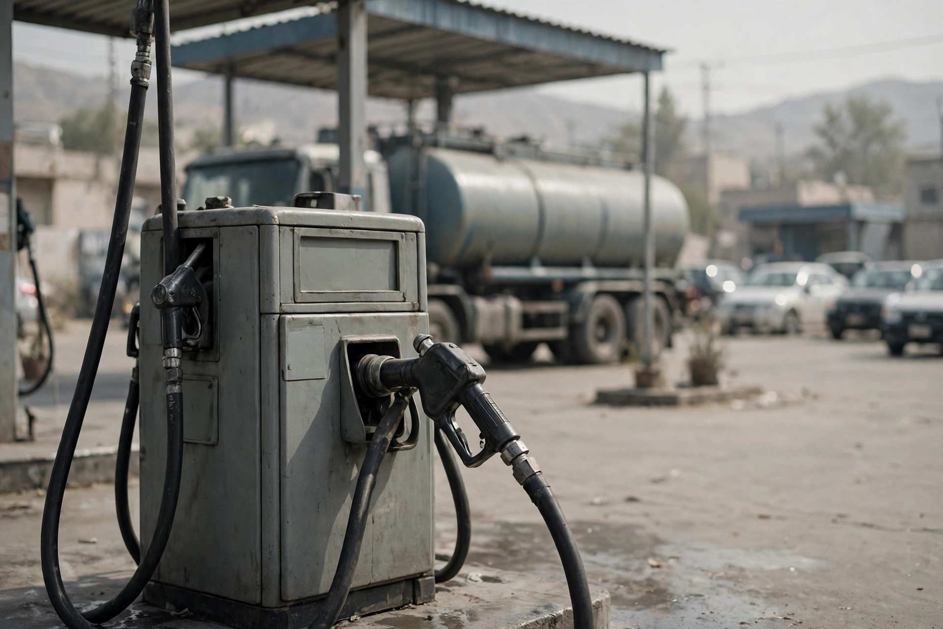 Fuel pump with nozzle in the foreground and a tanker truck at a fuel station in daylight