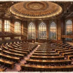Empty National Assembly chamber in Islamabad with rows of wooden desks and maroon seats under a domed ceiling