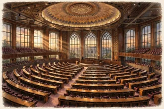 Empty National Assembly chamber in Islamabad with rows of wooden desks and maroon seats under a domed ceiling