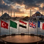 AI-generated editorial illustration of an international diplomacy summit in Istanbul at dusk: the silhouettes of the Blue Mosque and Hagia Sophia across the water, the national flags of Pakistan, Turkiye, Saudi Arabia, Egypt, the United Kingdom, France and Germany on tall poles around an empty round wooden negotiation table.