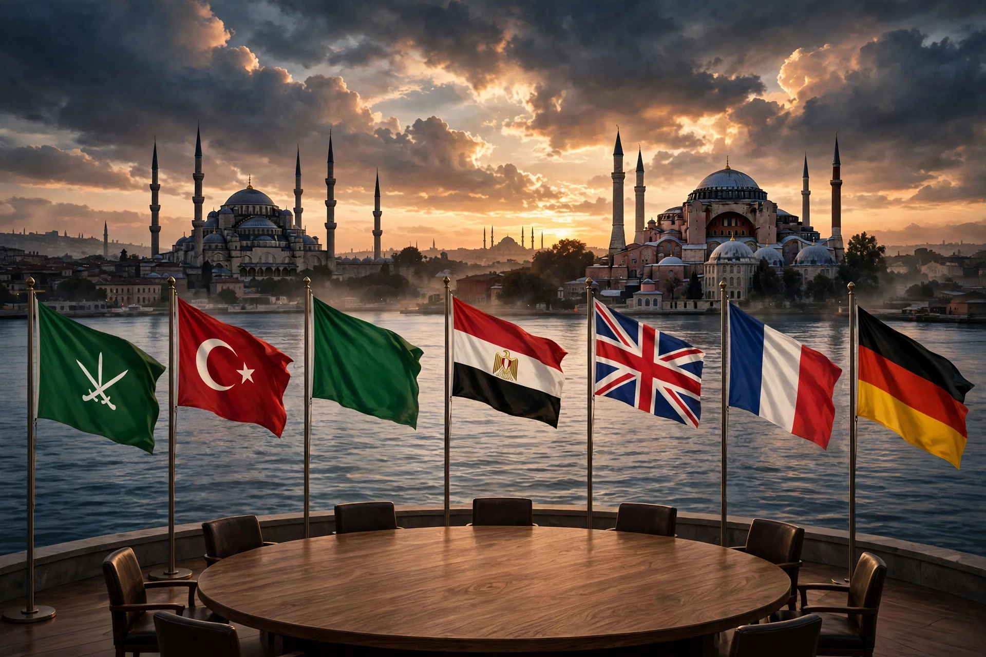 AI-generated editorial illustration of an international diplomacy summit in Istanbul at dusk: the silhouettes of the Blue Mosque and Hagia Sophia across the water, the national flags of Pakistan, Turkiye, Saudi Arabia, Egypt, the United Kingdom, France and Germany on tall poles around an empty round wooden negotiation table.