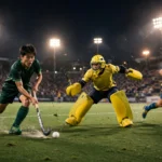 Night field hockey match under floodlights: a player in a dark green kit striking the ball past a diving goalkeeper in yellow protective pads, with an opponent in yellow and blue kit chasing behind.