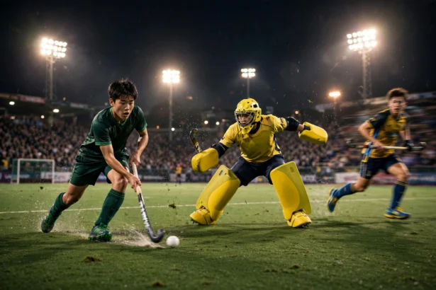 Night field hockey match under floodlights: a player in a dark green kit striking the ball past a diving goalkeeper in yellow protective pads, with an opponent in yellow and blue kit chasing behind.