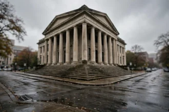 Exterior of a courthouse building with tall columns and steps under an overcast sky.