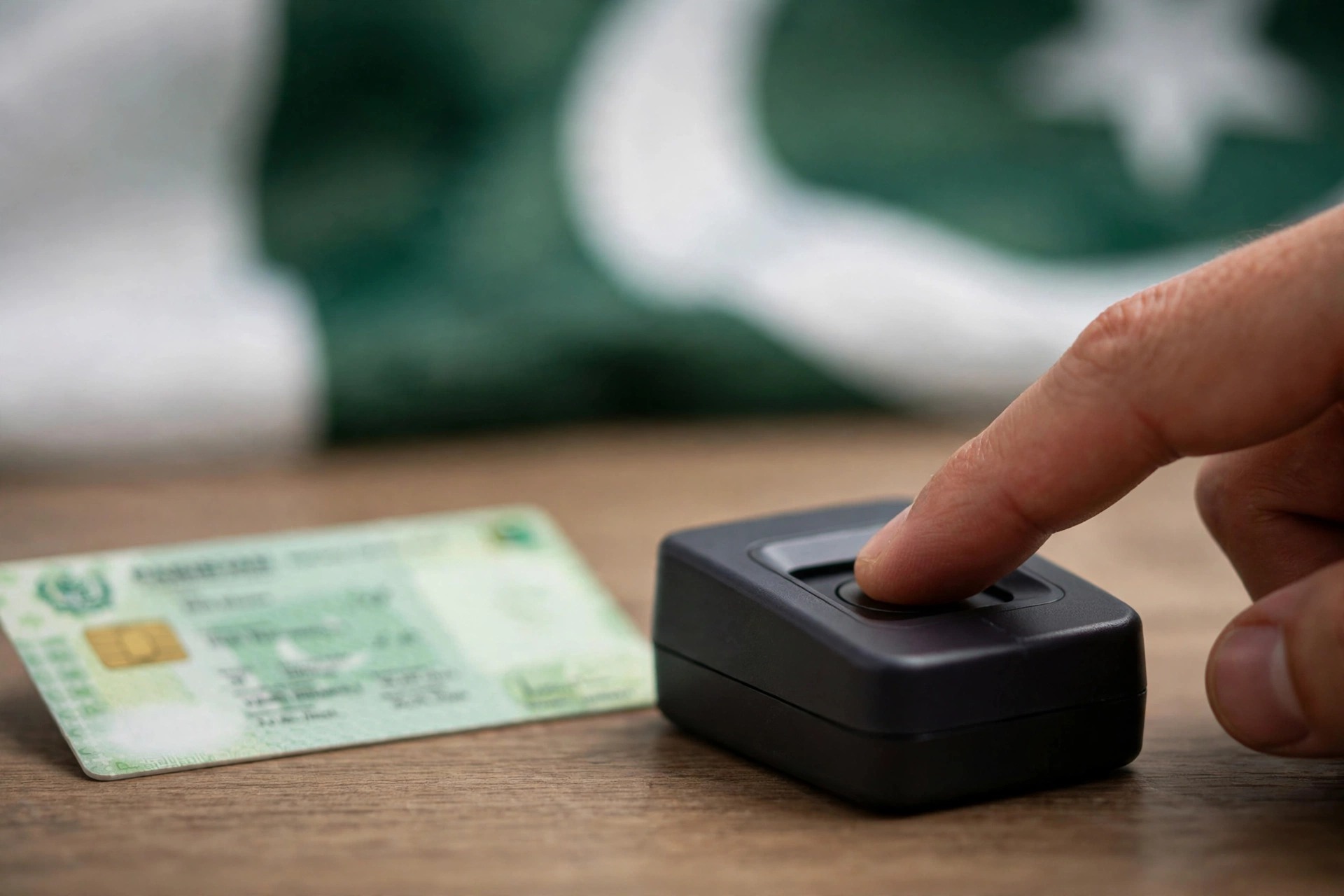 A finger pressing a biometric fingerprint scanner beside a blurred green Pakistani identity card on a desk, with the Pakistani flag out of focus in the background