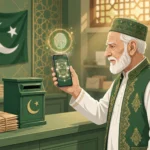 Editorial illustration of an elderly Pakistani pensioner in traditional attire holding up a smartphone for biometric face verification, with a glowing fingerprint scan above the phone, standing at a green Pakistan Post counter with a post box and the Pakistan flag behind him, in green and gold tones.