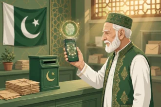 Editorial illustration of an elderly Pakistani pensioner in traditional attire holding up a smartphone for biometric face verification, with a glowing fingerprint scan above the phone, standing at a green Pakistan Post counter with a post box and the Pakistan flag behind him, in green and gold tones.