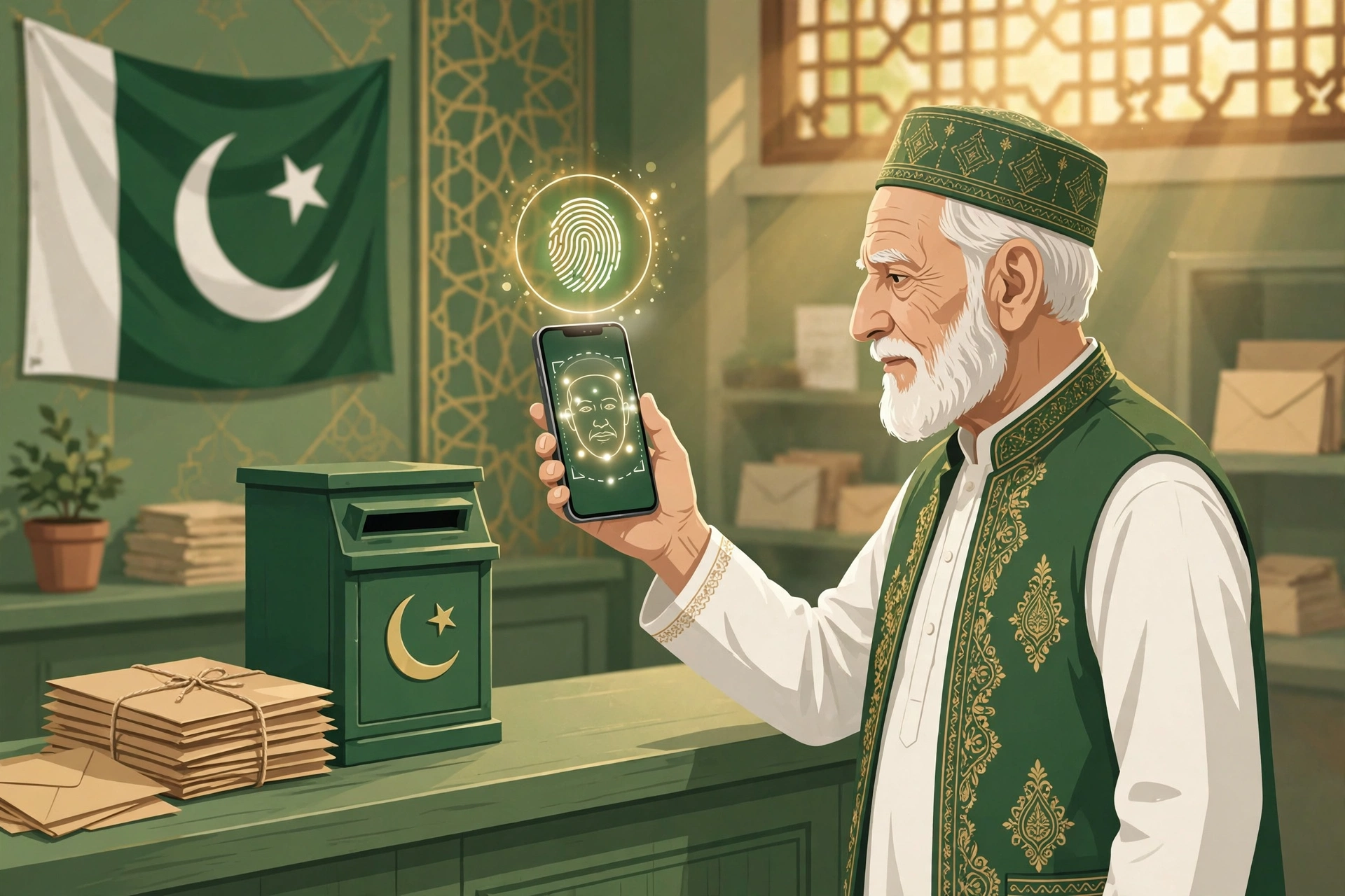 Editorial illustration of an elderly Pakistani pensioner in traditional attire holding up a smartphone for biometric face verification, with a glowing fingerprint scan above the phone, standing at a green Pakistan Post counter with a post box and the Pakistan flag behind him, in green and gold tones.