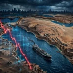 AI-generated editorial illustration of a red downward-trending line chart over a stylized map of the Middle East, with a large oil tanker sailing through narrow blue straits between desert coastlines under a stormy skyline.