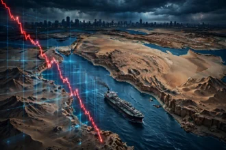 AI-generated editorial illustration of a red downward-trending line chart over a stylized map of the Middle East, with a large oil tanker sailing through narrow blue straits between desert coastlines under a stormy skyline.