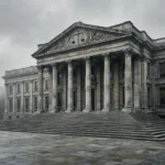Exterior of a courthouse building with tall columns and wide steps under an overcast sky