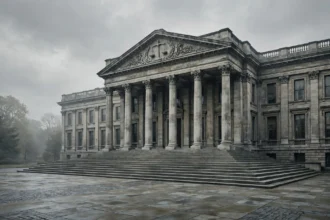 Exterior of a courthouse building with tall columns and wide steps under an overcast sky