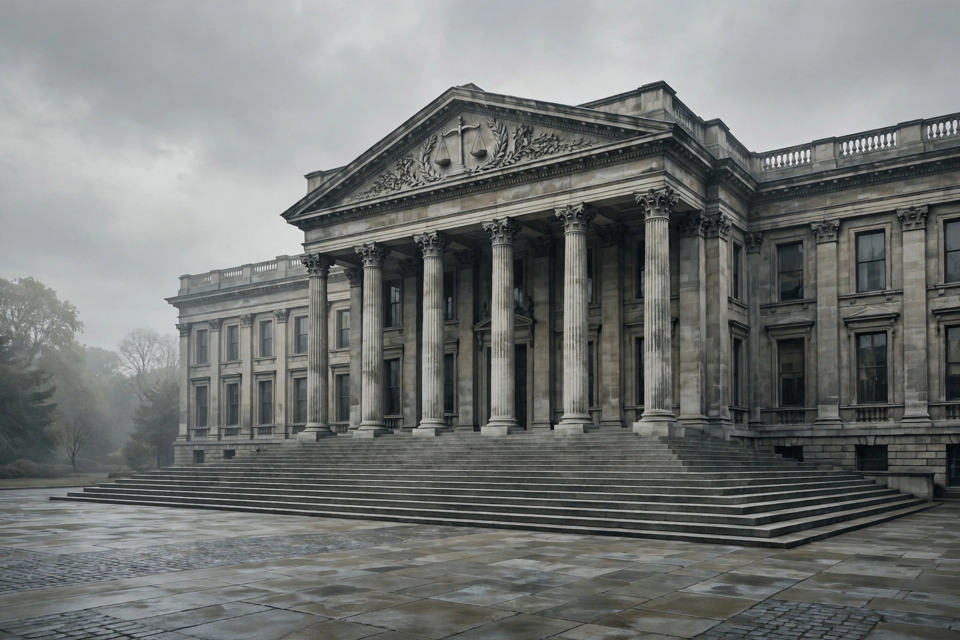 Exterior of a courthouse building with tall columns and wide steps under an overcast sky