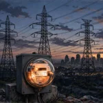 High voltage electricity pylons and power lines over a city skyline at dusk, with a glowing electricity meter in the foreground