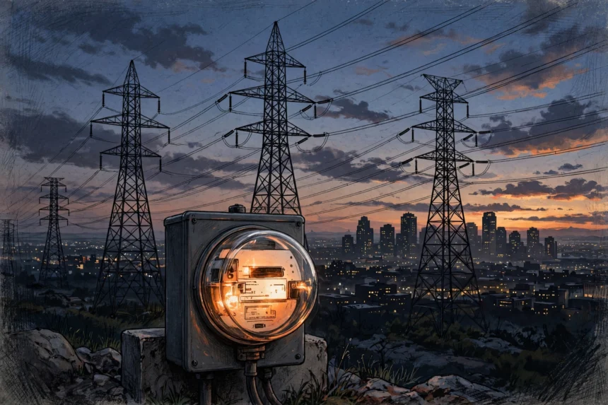 High voltage electricity pylons and power lines over a city skyline at dusk, with a glowing electricity meter in the foreground