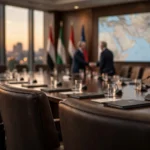 Editorial illustration of a diplomatic meeting room with a long table, blurred national flags, two officials shaking hands in the distance, and a regional map on a wall screen