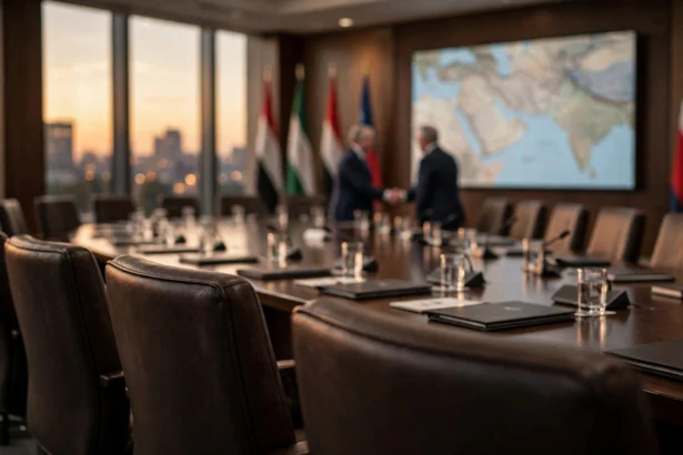 Editorial illustration of a diplomatic meeting room with a long table, blurred national flags, two officials shaking hands in the distance, and a regional map on a wall screen