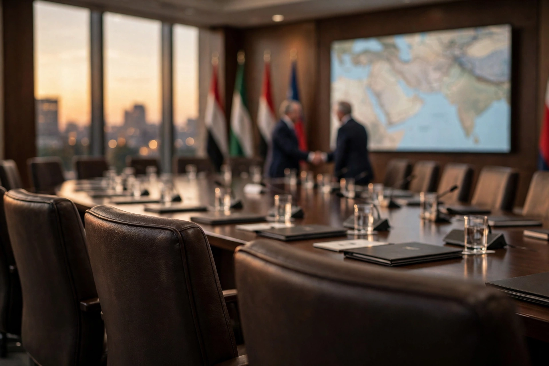 Editorial illustration of a diplomatic meeting room with a long table, blurred national flags, two officials shaking hands in the distance, and a regional map on a wall screen