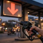 An editorial illustration of a fuel pump nozzle at a Pakistani petrol station at dusk, with a large downward arrow on the price display board signalling a fuel price cut and blurred city lights behind.