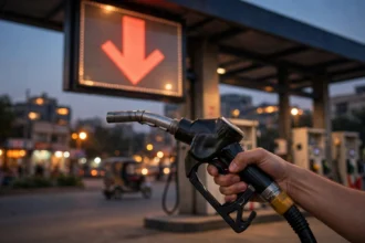 An editorial illustration of a fuel pump nozzle at a Pakistani petrol station at dusk, with a large downward arrow on the price display board signalling a fuel price cut and blurred city lights behind.