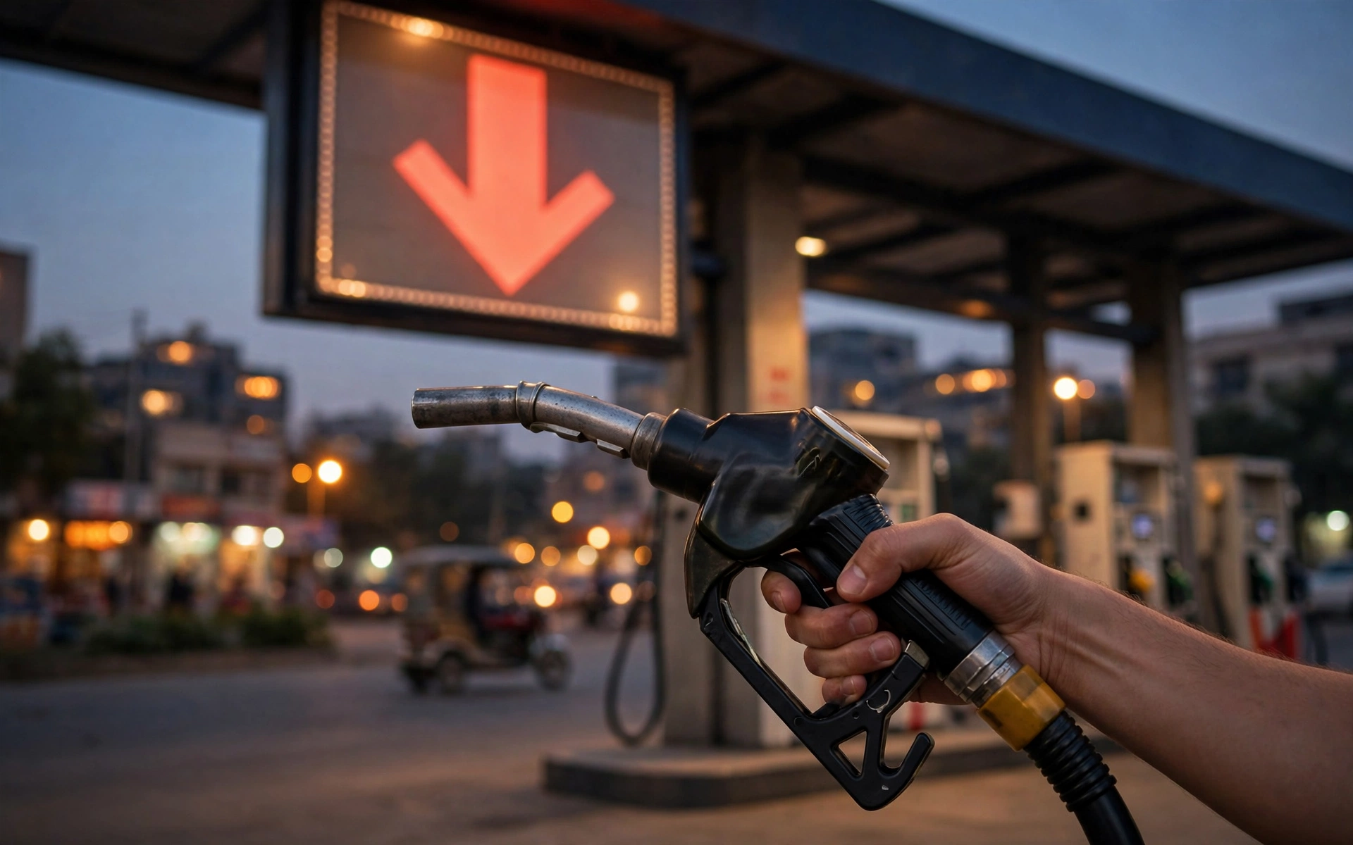 An editorial illustration of a fuel pump nozzle at a Pakistani petrol station at dusk, with a large downward arrow on the price display board signalling a fuel price cut and blurred city lights behind.