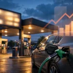 Editorial illustration of a fuel pump nozzle filling a car at a petrol station at dusk, with a glowing price display showing an upward arrow and a rising weekly price chart in the background.