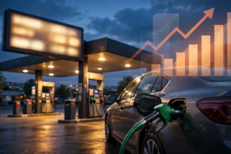Editorial illustration of a fuel pump nozzle filling a car at a petrol station at dusk, with a glowing price display showing an upward arrow and a rising weekly price chart in the background.