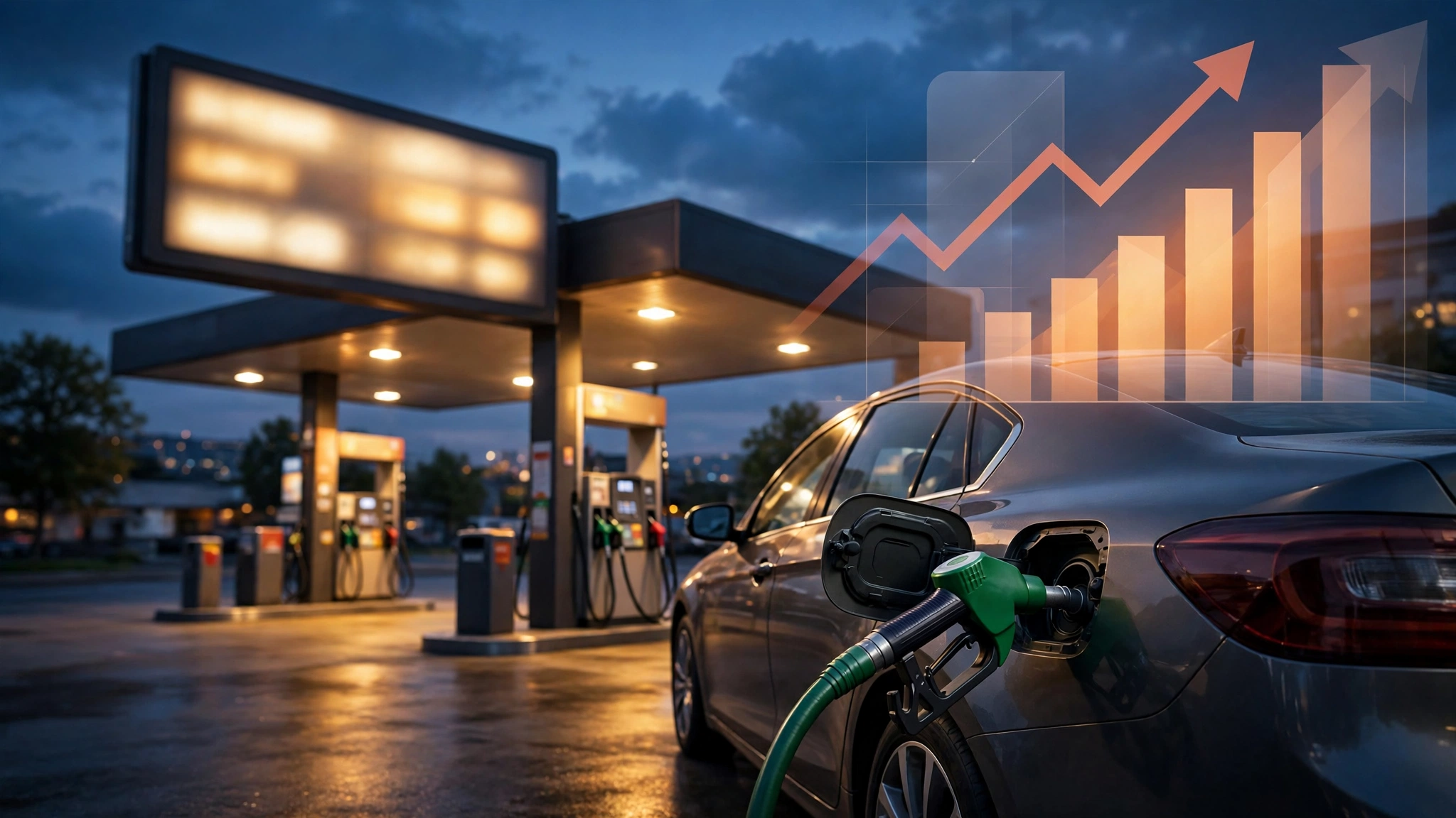 Editorial illustration of a fuel pump nozzle filling a car at a petrol station at dusk, with a glowing price display showing an upward arrow and a rising weekly price chart in the background.