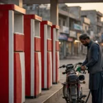 A fuel station attendant in a grey cap and shalwar kameez filling a motorcycle fuel tank at dusk, standing beside a row of red and white fuel pumps with blurred city buildings in the background.