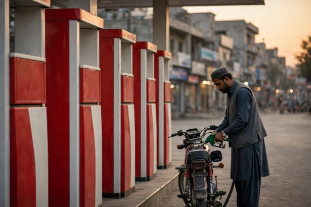 A fuel station attendant in a grey cap and shalwar kameez filling a motorcycle fuel tank at dusk, standing beside a row of red and white fuel pumps with blurred city buildings in the background.