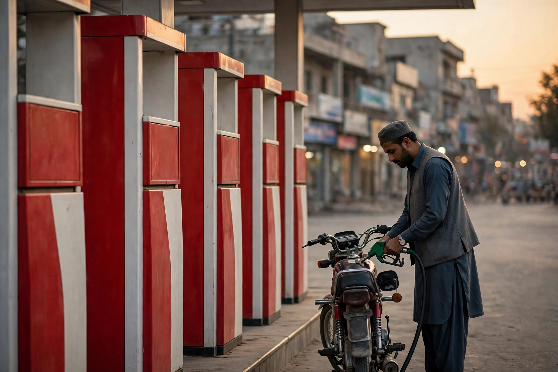 A fuel station attendant in a grey cap and shalwar kameez filling a motorcycle fuel tank at dusk, standing beside a row of red and white fuel pumps with blurred city buildings in the background.
