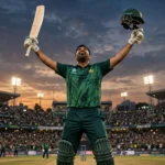 Illustration of a Pakistan cricket batsman in green raising his bat and helmet in celebration after scoring a century at a floodlit stadium in Rawalpindi, October 2026