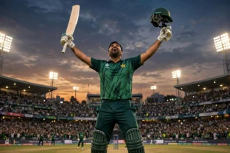 Illustration of a Pakistan cricket batsman in green raising his bat and helmet in celebration after scoring a century at a floodlit stadium in Rawalpindi, October 2026