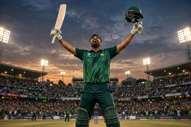 Illustration of a Pakistan cricket batsman in green raising his bat and helmet in celebration after scoring a century at a floodlit stadium in Rawalpindi, October 2026