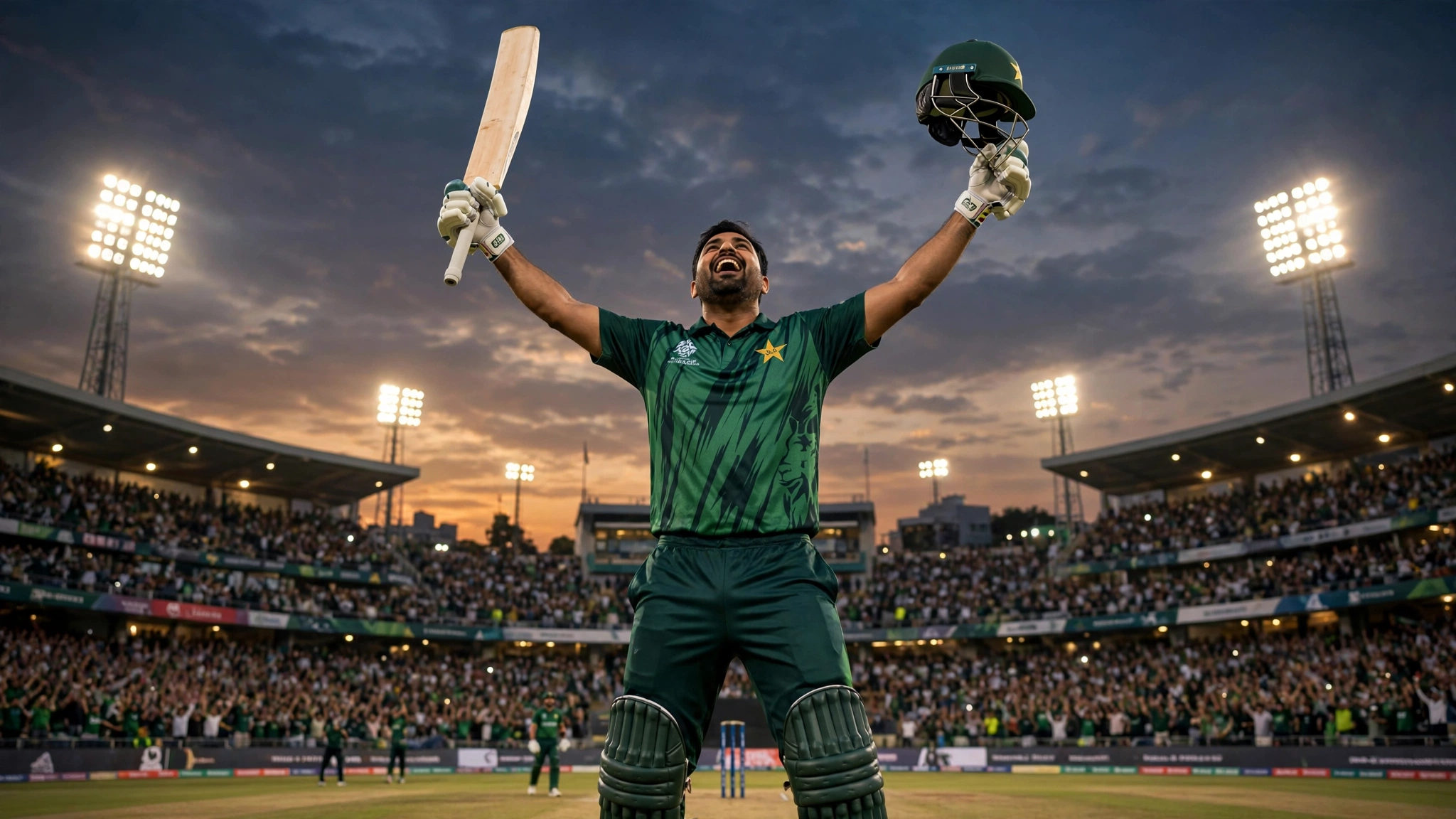 Illustration of a Pakistan cricket batsman in green raising his bat and helmet in celebration after scoring a century at a floodlit stadium in Rawalpindi, October 2026