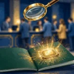 Editorial illustration of an open green Pakistani e-passport with a glowing golden electronic chip on one page, a magnifying glass above it, and a passport office counter with applicants in the background.