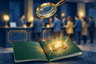 Editorial illustration of an open green Pakistani e-passport with a glowing golden electronic chip on one page, a magnifying glass above it, and a passport office counter with applicants in the background.